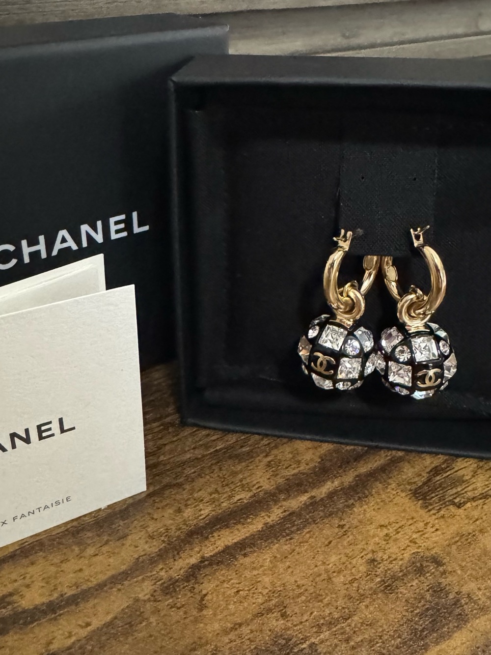 CHANEL Crystal Ball Dangle Hoop Earrings